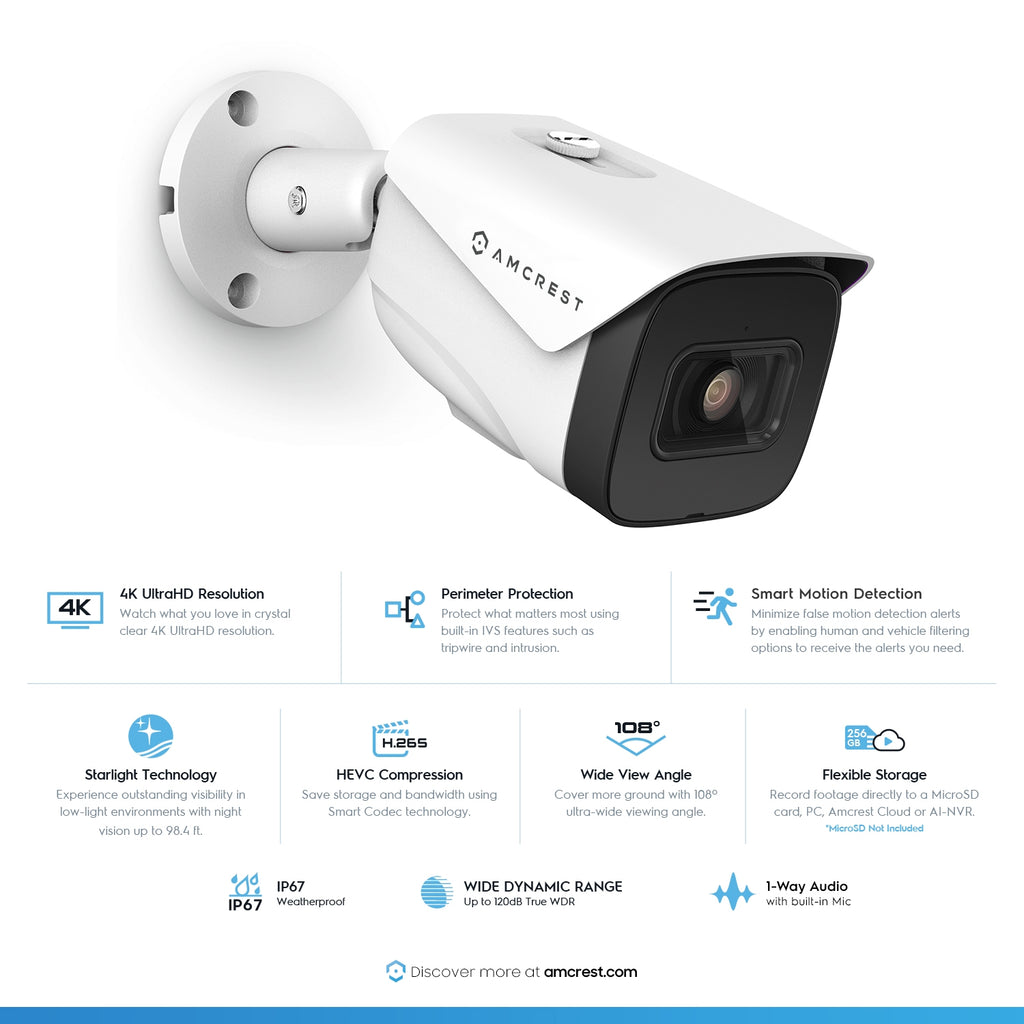 Amcrest 4K Security Camera System with 4K 8CH PoE NVR, 4 x 4K (8MP) IP67 Weatherproof Metal Bullet PoE IP Cameras, 2.8mm Wide Angle Lens, Pre-Installed 2TB Hard Drive,  NV5208E-IP8M-2696EW4-2TB (White)
