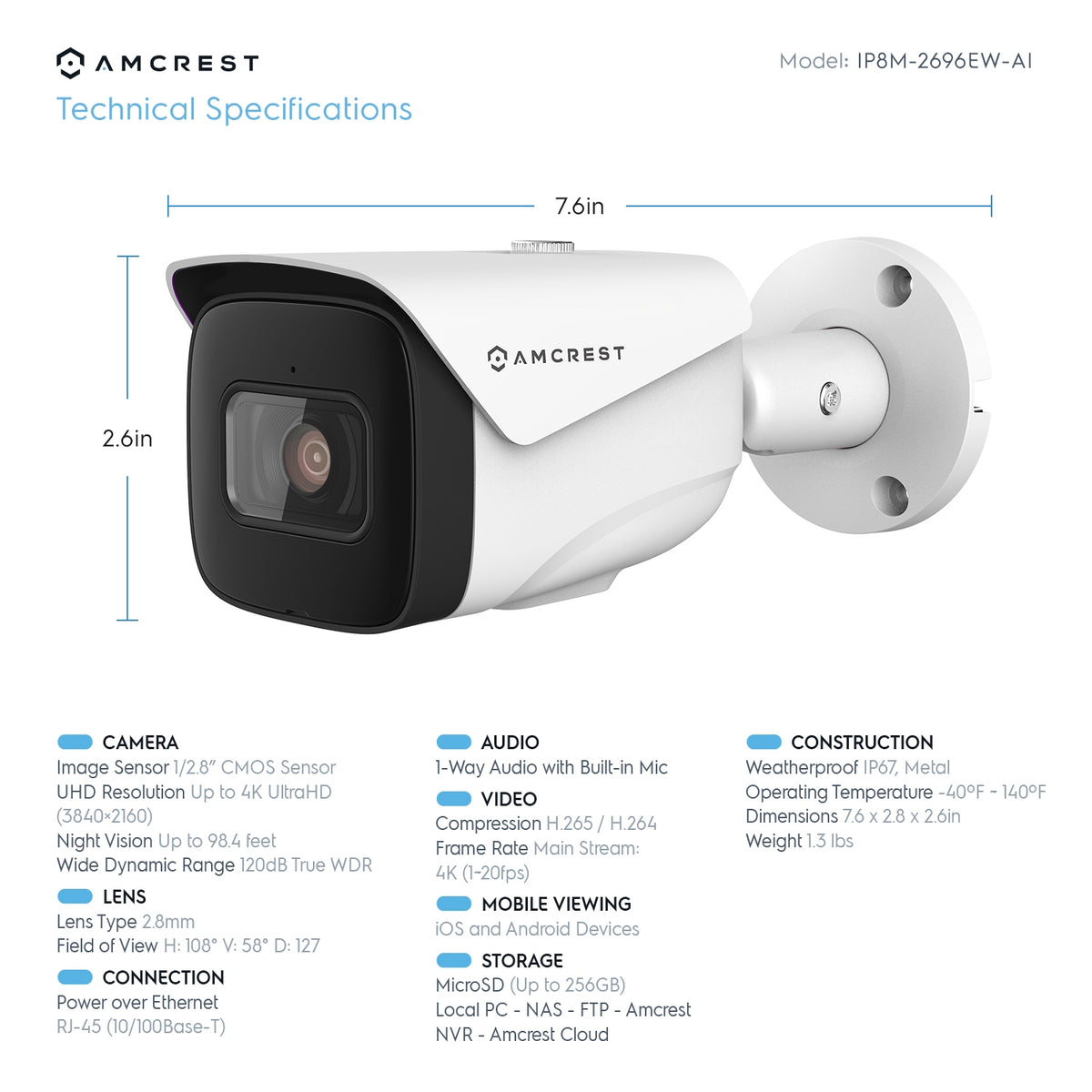 Amcrest 4K Security Camera System with 4K 8CH PoE NVR, 4 x 4K (8MP) IP67 Weatherproof Metal Bullet PoE IP Cameras, 2.8mm Wide Angle Lens, Pre-Installed 2TB Hard Drive,  NV5208E-IP8M-2696EW4-2TB (White)