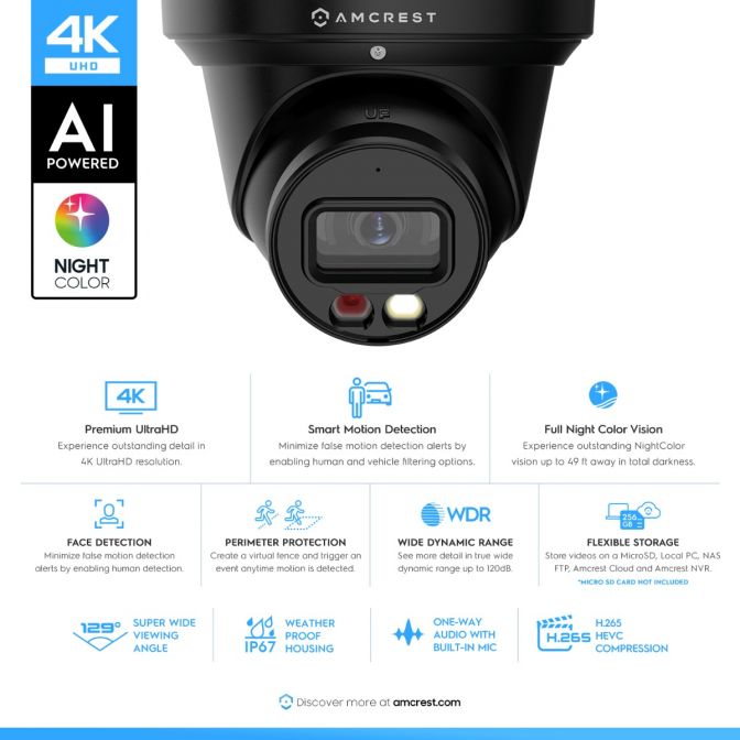 Amcrest 4K Security Camera System, 4K 8CH PoE NVR, (4) x 4K Night Color Turret POE IP Cameras, Active Deterrent, Pre-Installed 2TB Hard Drive, NV4108E-2779EB4-2TB (Black)