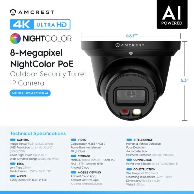 Amcrest 4K Security Camera System, 4K 8CH PoE NVR, (4) x 4K Night Color Turret POE IP Cameras, Active Deterrent, Pre-Installed 2TB Hard Drive, NV4108E-2779EB4-2TB (Black)