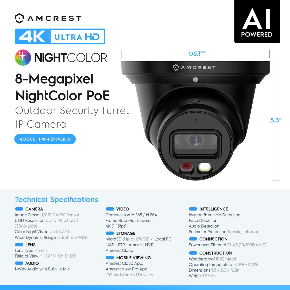 Amcrest 4K Night Color IP PoE Turret Cam IP8M-2779EB-AI (Black)