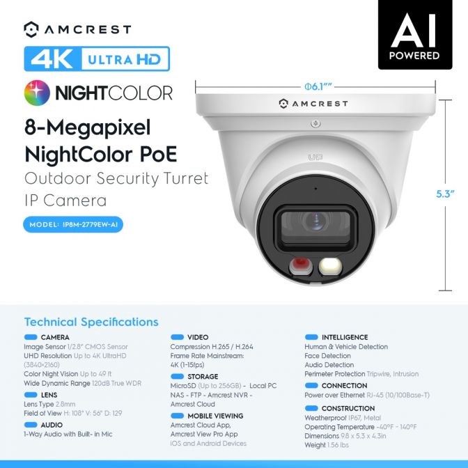 Amcrest 4K Security Camera System, 4K 8CH PoE NVR, (4) x 4K Night Color Turret POE IP Cameras, Active Deterrent, Pre-Installed 2TB Hard Drive, NV4108E-2779EB4-2TB (Black)