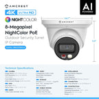 Amcrest 4K Security Camera System, 4K 8CH PoE NVR, (4) x 4K Night Color Turret POE IP Cameras, Active Deterrent, Pre-Installed 2TB Hard Drive, NV4108E-2779EB4-2TB (Black)