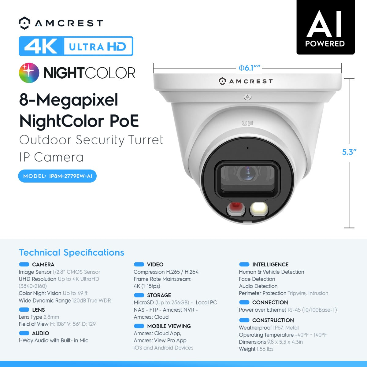 Amcrest 4K Night Color IP PoE Turret Cam IP8M-2779EW-AI (White)