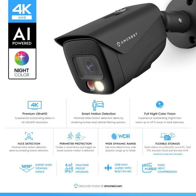 Amcrest 4K Security Camera System, 4K 8CH PoE NVR, (4) x 4K Night Color Bullet POE IP Cameras, Active Deterrent, Pre-Installed 2TB Hard Drive, NV4108E-2796EB4-2TB (Black)