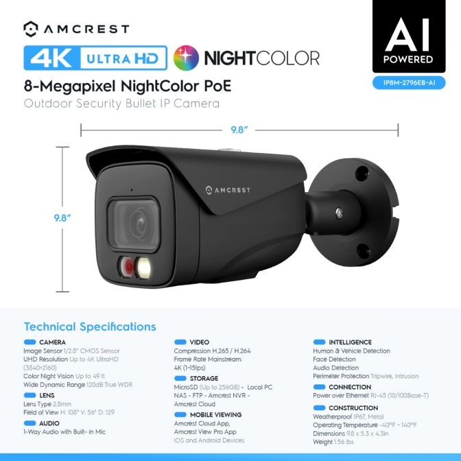 Amcrest 4K Security Camera System, 4K 8CH PoE NVR, (4) x 4K Night Color Bullet POE IP Cameras, Active Deterrent, Pre-Installed 2TB Hard Drive, NV4108E-2796EB4-2TB (Black)