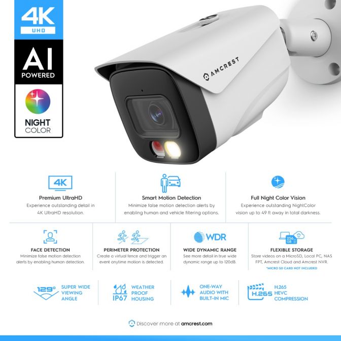 Amcrest 4K Security Camera System, 4K 8CH PoE NVR, (4) x 4K Night Color Bullet POE IP Cameras, Active Deterrent, Pre-Installed 2TB Hard Drive, NV4108E-2796EW4-2TB (White)