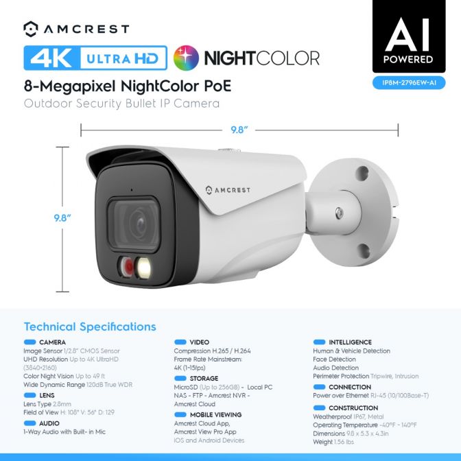 Amcrest 4K Security Camera System, 4K 8CH PoE NVR, (4) x 4K Night Color Bullet POE IP Cameras, Active Deterrent, Pre-Installed 2TB Hard Drive, NV4108E-2796EW4-2TB (White)