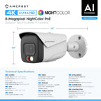 Amcrest 4K Security Camera System, 4K 8CH PoE NVR, (4) x 4K Night Color Bullet POE IP Cameras, Active Deterrent, Pre-Installed 2TB Hard Drive, NV4108E-2796EW4-2TB (White)