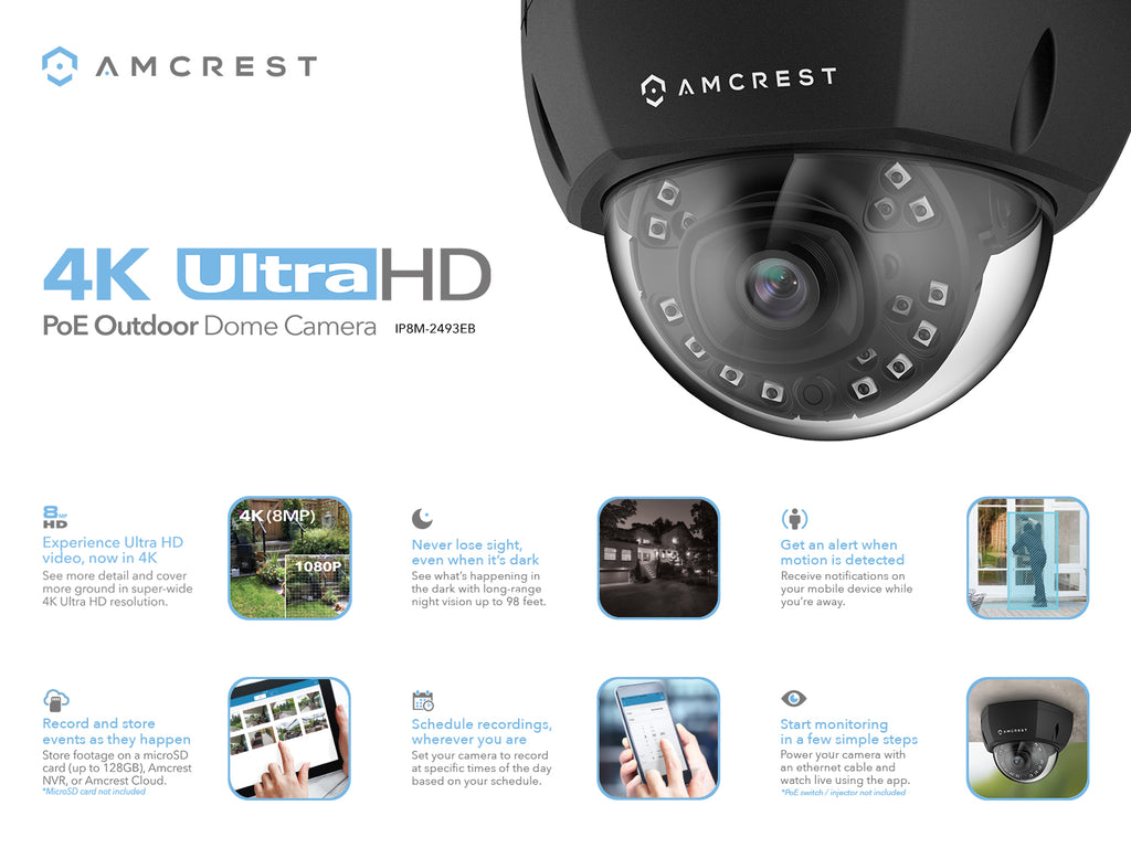 Amcrest UltraHD 4K (8MP) Dome POE IP Camera Security, 3840x2160, 98ft NightVision, 2.8mm Lens 112°, IP67 Weatherproof, IK10 Vandal Resistance, MicroSD Recording, Black (REP-IP8M-2493EB) (Certified Refurbished)