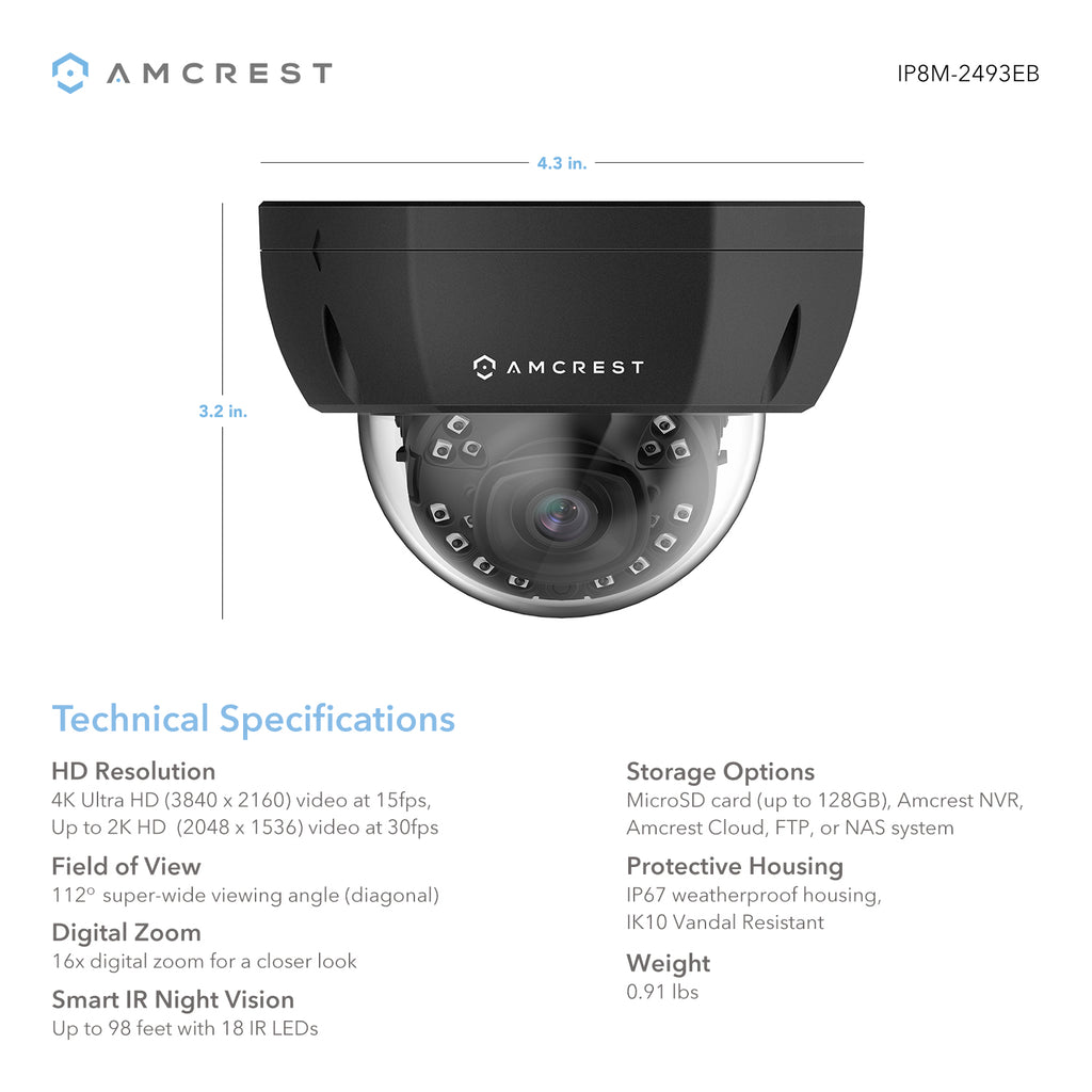 Amcrest UltraHD 4K (8MP) Dome POE IP Camera Security, 3840x2160, 98ft NightVision, 2.8mm Lens 112°, IP67 Weatherproof, IK10 Vandal Resistance, MicroSD Recording, Black (REP-IP8M-2493EB) (Certified Refurbished)
