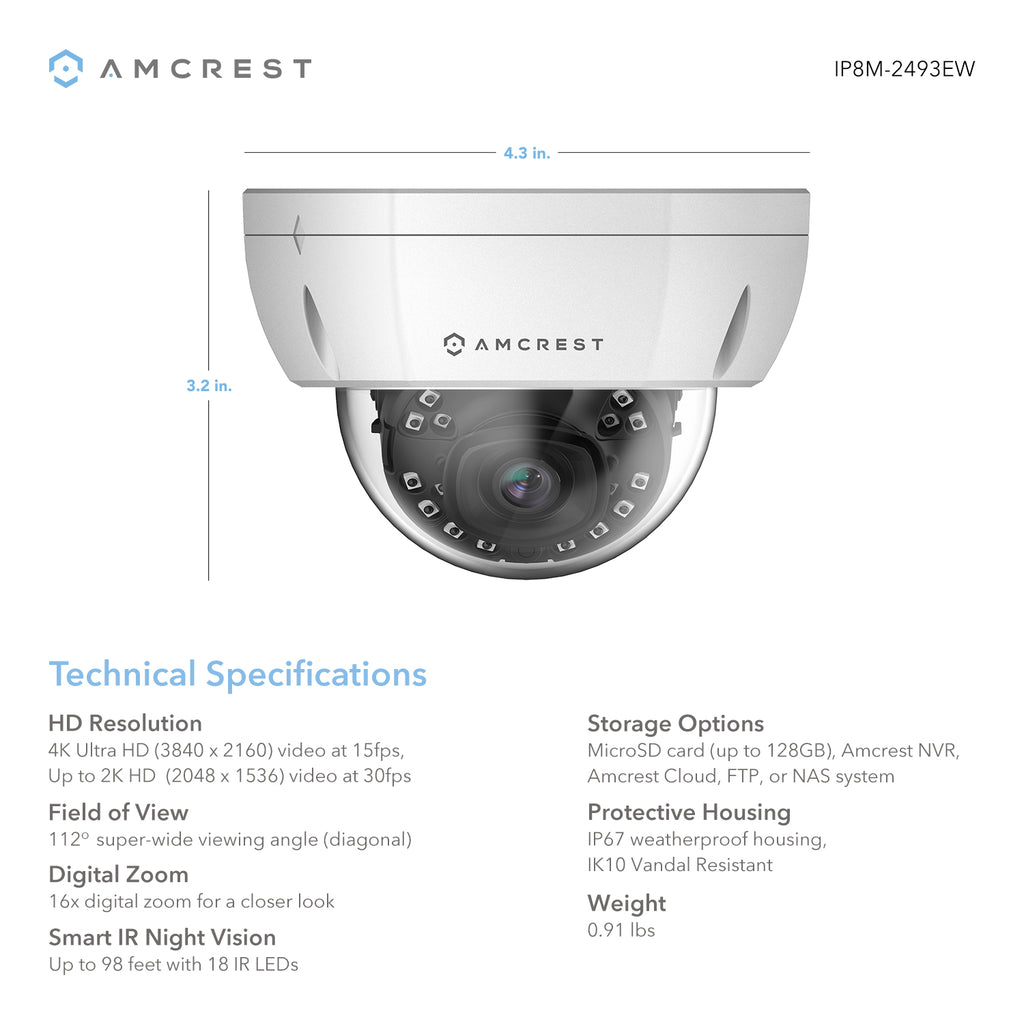 Amcrest Refurb 4K Dome IP PoE Camera White IP67 IK10 REP-IP8M-2493EW