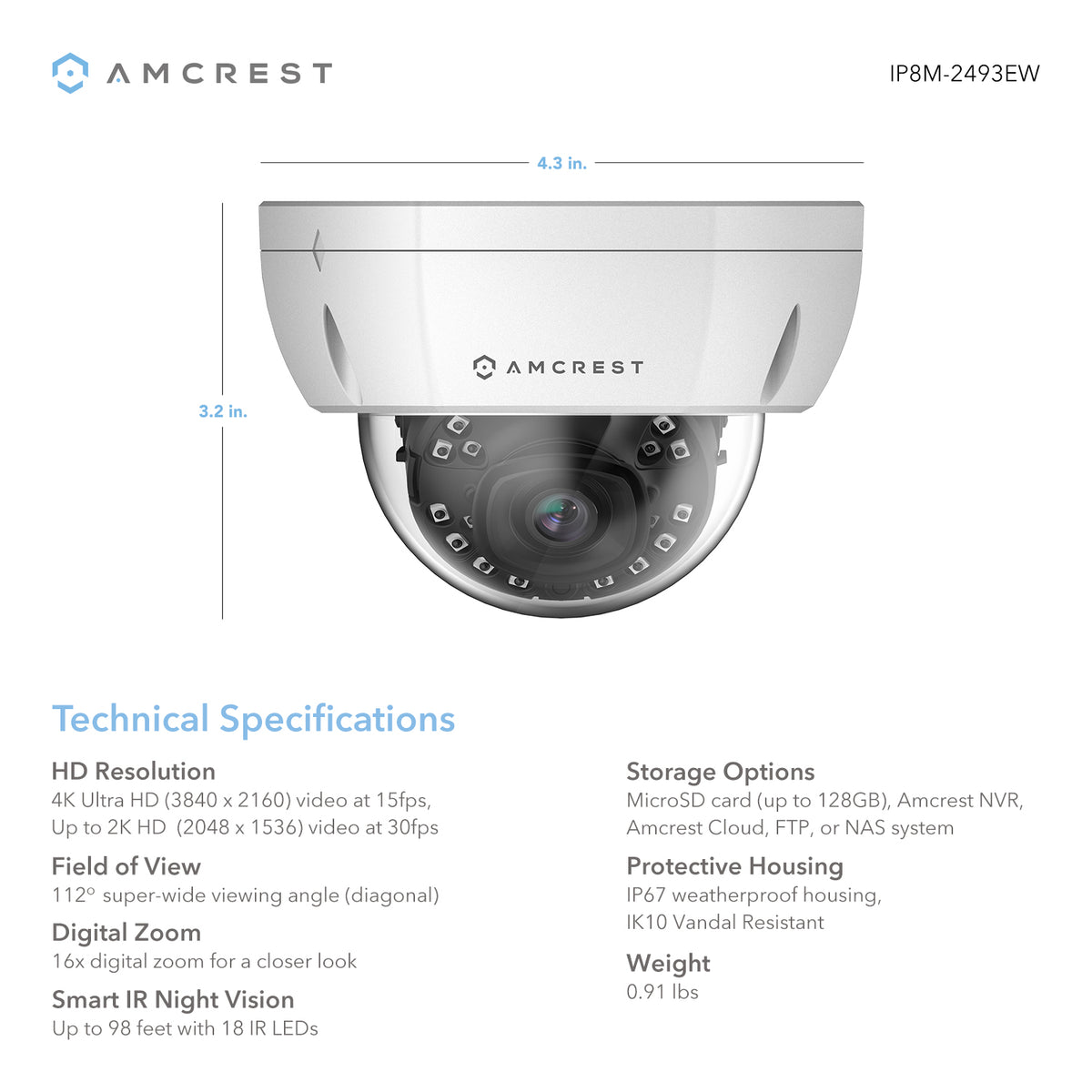 Amcrest Refurb 4K Dome IP PoE Camera White IP67 IK10 REP-IP8M-2493EW