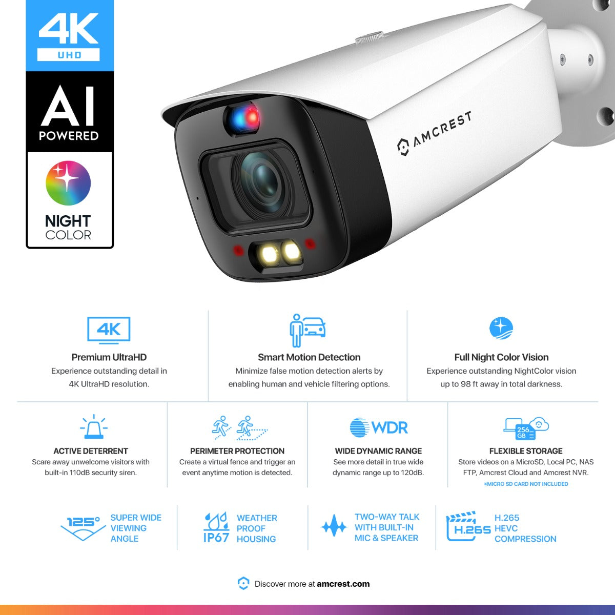 Amcrest UltraHD 4K (8MP) IP POE AI Camera, 4K @25/30fps, 98ft Full Night Color Vision, Security Outdoor Bullet Camera, Vehicle & Human Detection, Built-in Siren Alarm, Two-Way Talk, IP8M-DB3946EW-3AI
