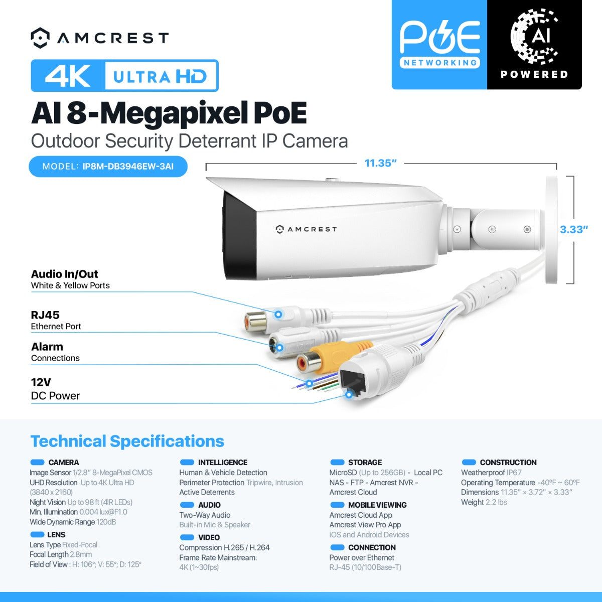 Amcrest UltraHD 4K (8MP) IP POE AI Camera, 4K @25/30fps, 98ft Full Night Color Vision, Security Outdoor Bullet Camera, Vehicle & Human Detection, Built-in Siren Alarm, Two-Way Talk, IP8M-DB3946EW-3AI