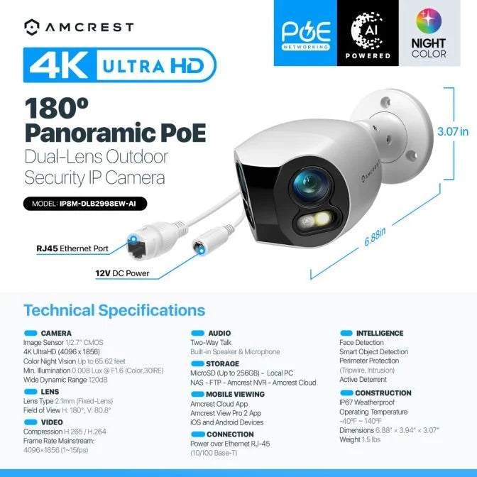 Amcrest Dual-Lens 4K (8MP) Outdoor Security POE Camera, 2 x 4K Lenses PoE AI Bullet IP Camera, 65ft Night Color, Human/Vehicle Detection, Panoramic 180° FOV, 2 x 4K@15fps IP8M-DLB2998EW-AI