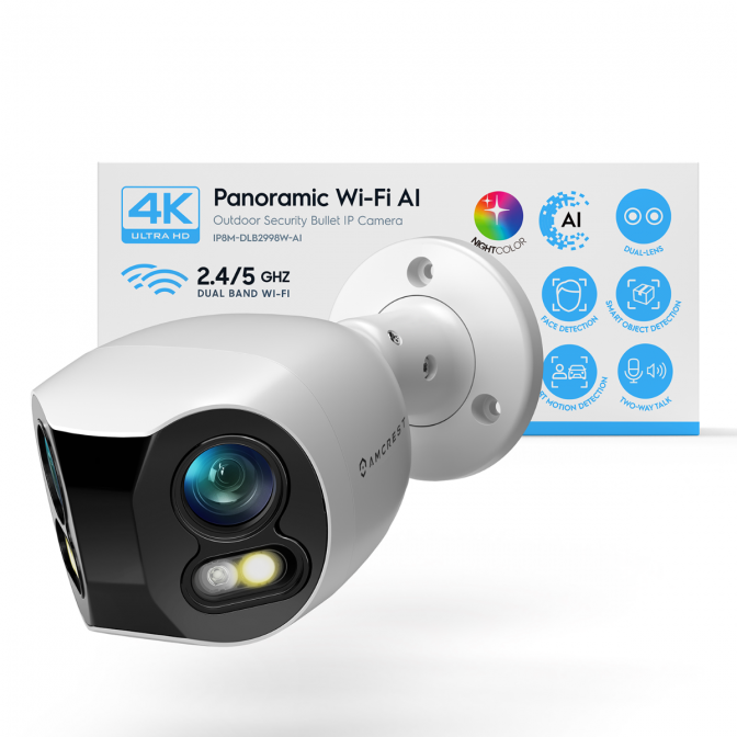 Amcrest Dual-Lens 4K (8MP) Outdoor Security WiFi Camera, 2 x 4K Lenses WiFi AI Bullet IP Camera, 65ft Night Color, Human/Vehicle Detection, Panoramic 180° FOV, 2 x 4K@15fps IP8M-DLB2998W-AI