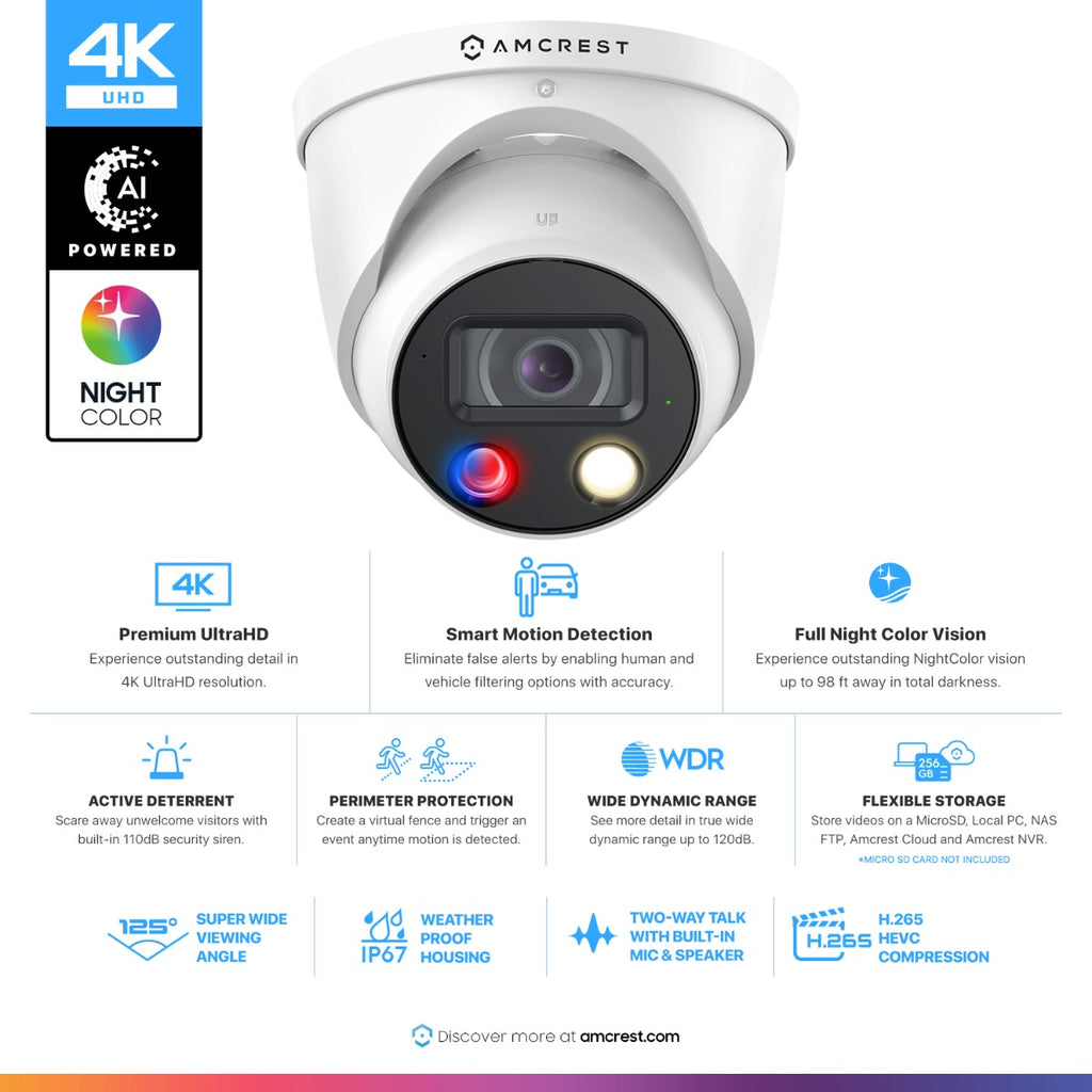 Amcrest 4K Security Outdoor Turret PoE IP Camera, White IP8M-DT3949EW-3AI-V2