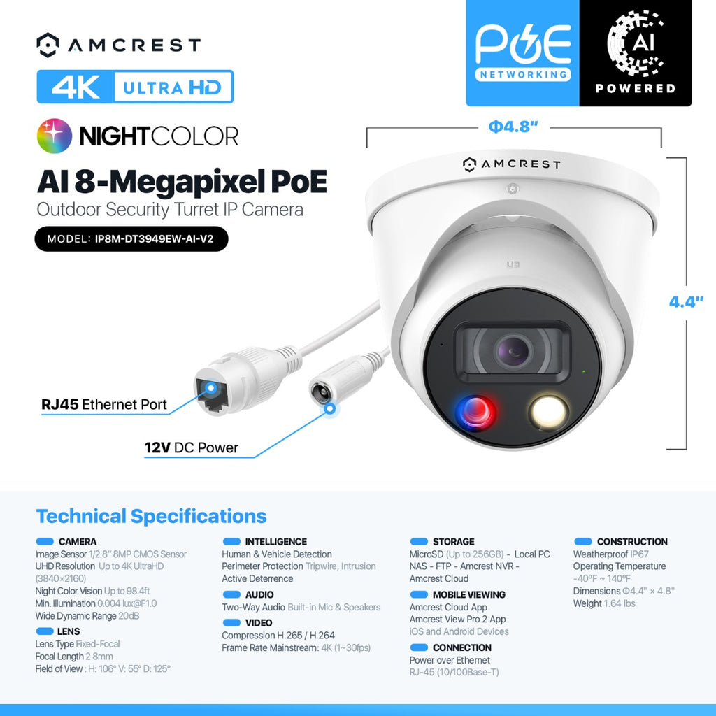 Amcrest 4K Security Outdoor Turret PoE IP Camera, White IP8M-DT3949EW-3AI-V2