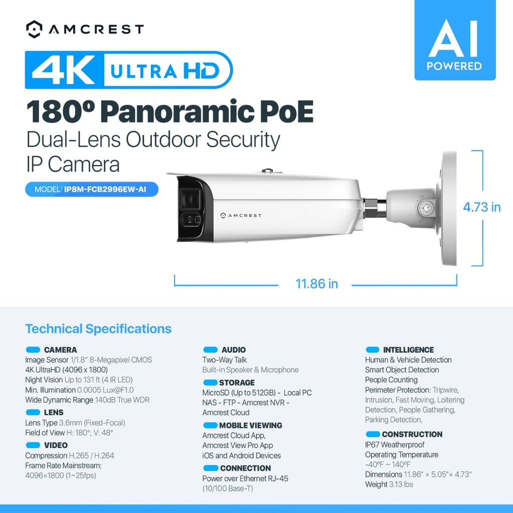 Amcrest Dual-Lens 8K (16MP) Outdoor Security POE Camera, 2 x 4K Lenses PoE AI Bullet IP Camera, 131ft Night Color, Human/Vehicle Detection, Panoramic 180° FOV, 2 x 4K@25fps IP8M-FCB2996EW-AI (White)