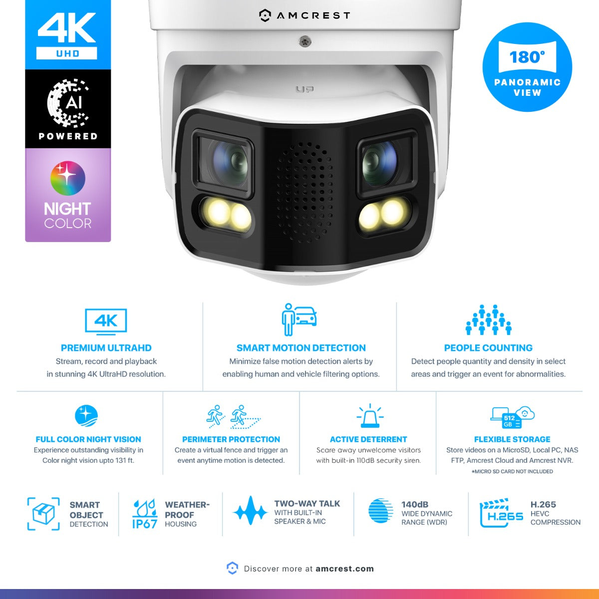 Amcrest Dual-Lens 8K (16MP) Outdoor Security POE Camera, 2 x 4K Lenses PoE AI Turret IP Camera, 131ft Night Color, Human/Vehicle Detection, Panoramic 180° FOV, 2 x 4K@25fps IP8M-FCT2999EW-AI (White)