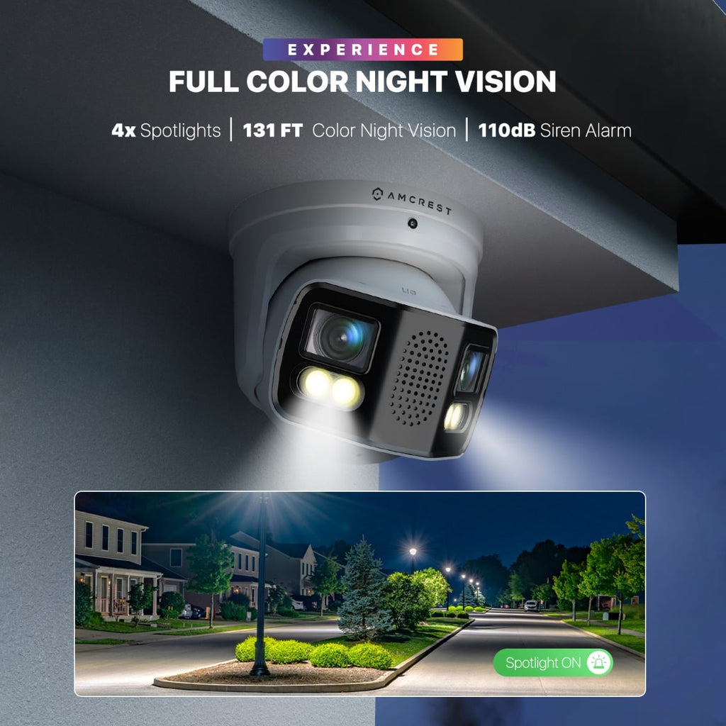 Amcrest Dual-Lens 8K (16MP) Outdoor Security POE Camera, 2 x 4K Lenses PoE AI Turret IP Camera, 131ft Night Color, Human/Vehicle Detection, Panoramic 180° FOV, 2 x 4K@25fps IP8M-FCT2999EW-AI (White)