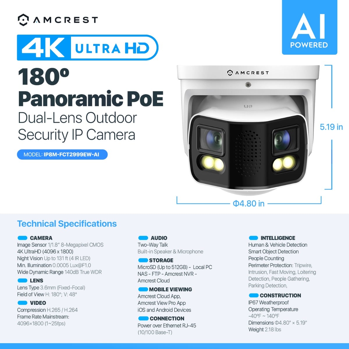 Amcrest Dual-Lens 8K (16MP) Outdoor Security POE Camera, 2 x 4K Lenses PoE AI Turret IP Camera, 131ft Night Color, Human/Vehicle Detection, Panoramic 180° FOV, 2 x 4K@25fps IP8M-FCT2999EW-AI (White)