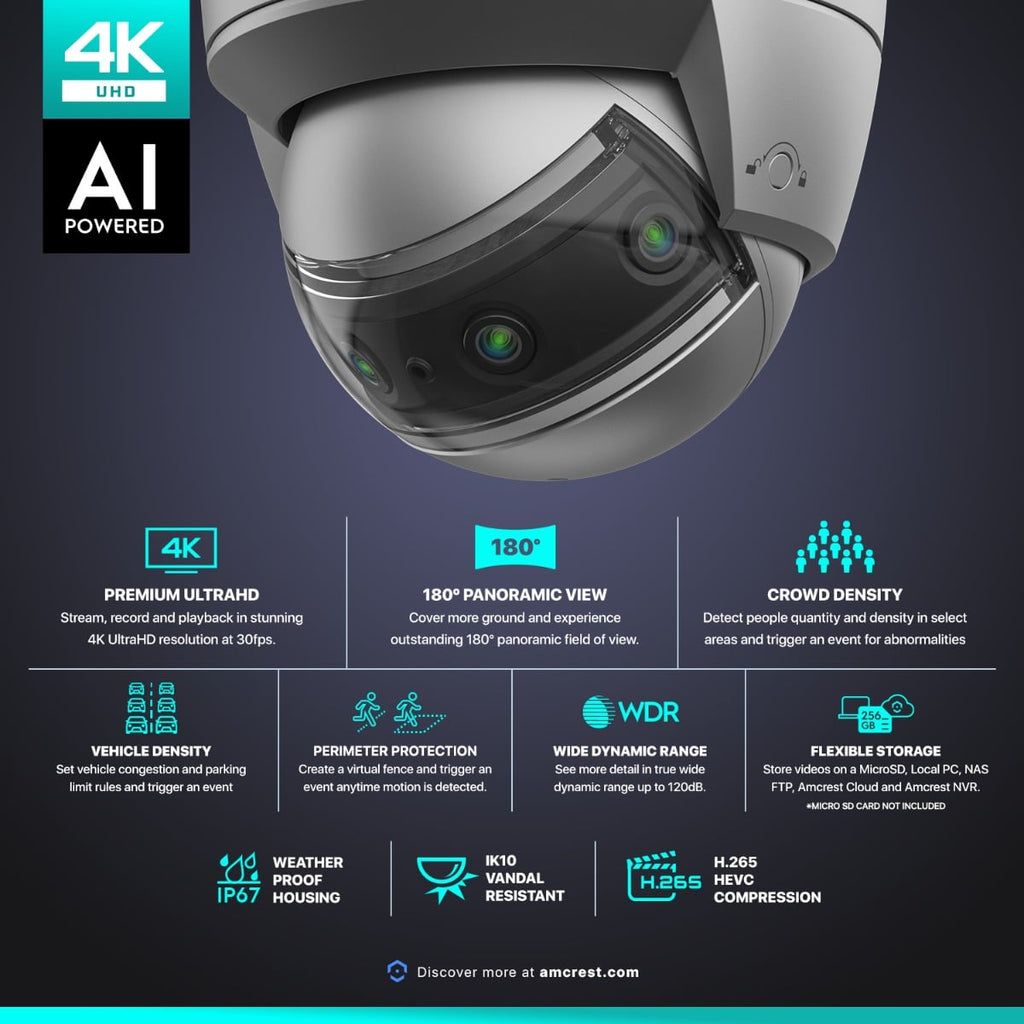 Amcrest 4K Panoramic AI IP PoE Camera 180° FOV IP8M-MD180E-AI