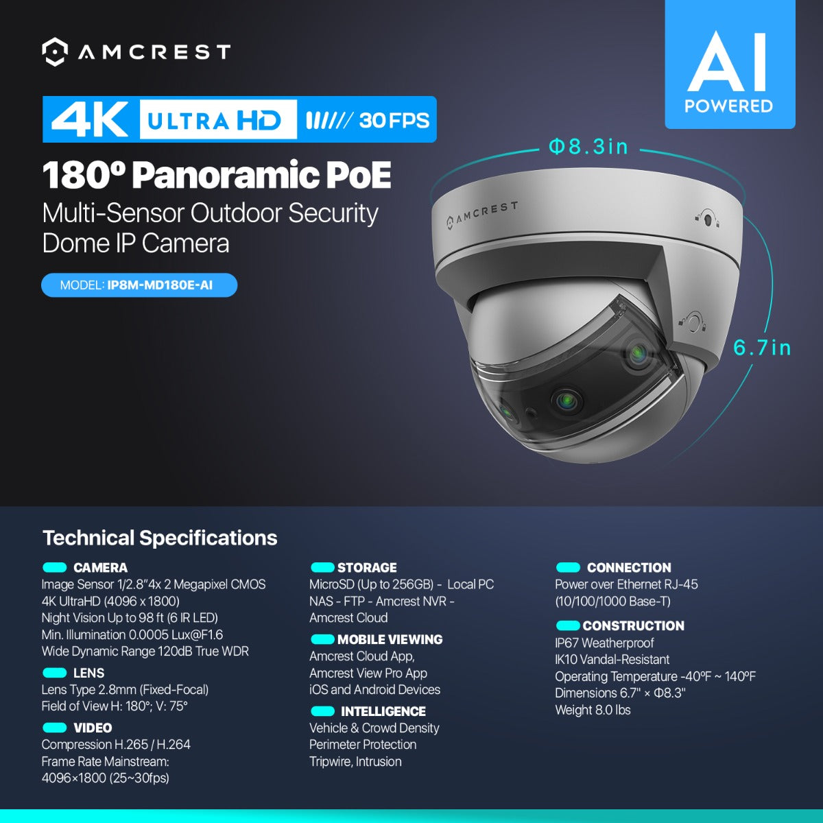 Amcrest 4K Panoramic AI IP PoE Camera 180° FOV IP8M-MD180E-AI