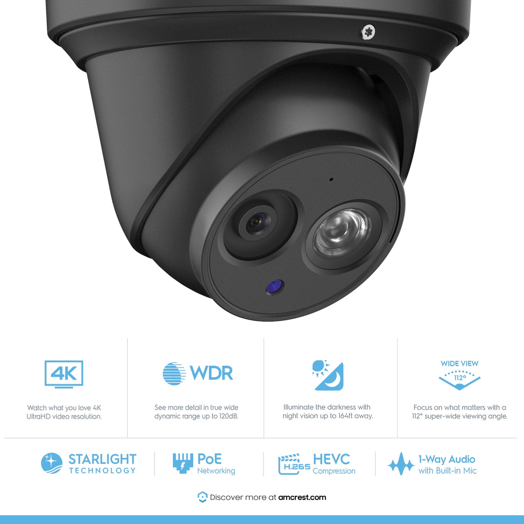 Amcrest 4K Security Camera System w/ 4K 8CH PoE NVR, (6) x 4K (8-Megapixel) IP67 Weatherproof Metal Turret Dome POE IP Cameras (3840x2160), 2.8mm Lens, Pre-Installed 2TB HDD, NV4108E-T2499EB28M6-2TB (Black)