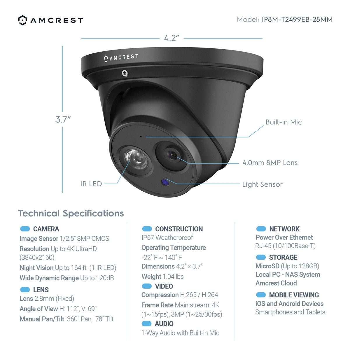 Amcrest 4K Security Camera System w/ 4K 16CH (8-Port PoE) NVR, (8) x 4K (8-Megapixel) IP67 Weatherproof Metal Turret Dome POE IP Cameras, 2.8mm Lens, NV4116E-IP8M-T2499EB8 (Black)