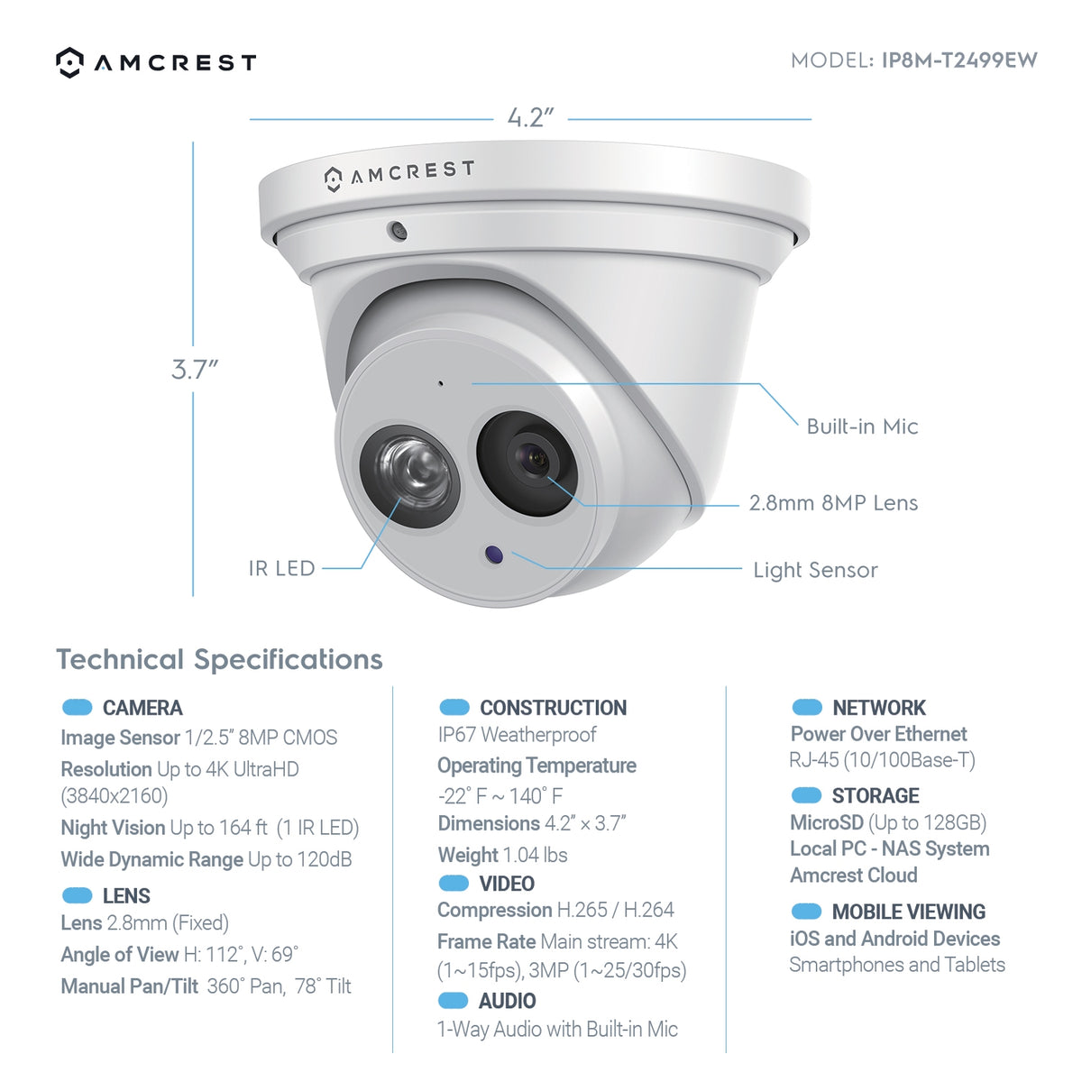 Amcrest 4K Security Camera System w/ 4K 8CH PoE NVR, (4) x 4K (8-Megapixel) IP67 Weatherproof Metal Turret Dome & Bullet POE IP Cameras (3840x2160), 2.8mm Lens, NV4108E-T2499EW2-2496EW2