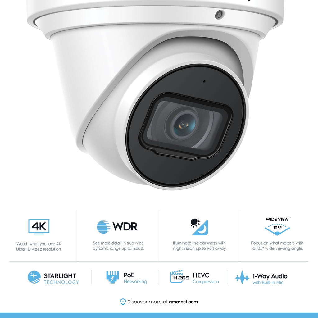Amcrest 4K Security Camera System with 4K 8CH PoE NVR, 6 x 4K (8-Megapixel) IP67 Weatherproof Metal Turret Dome POE IP Cameras (3840x2160), 2.8mm Wide Angle Lens, NV4108E-T2599EW6-2TB (White)