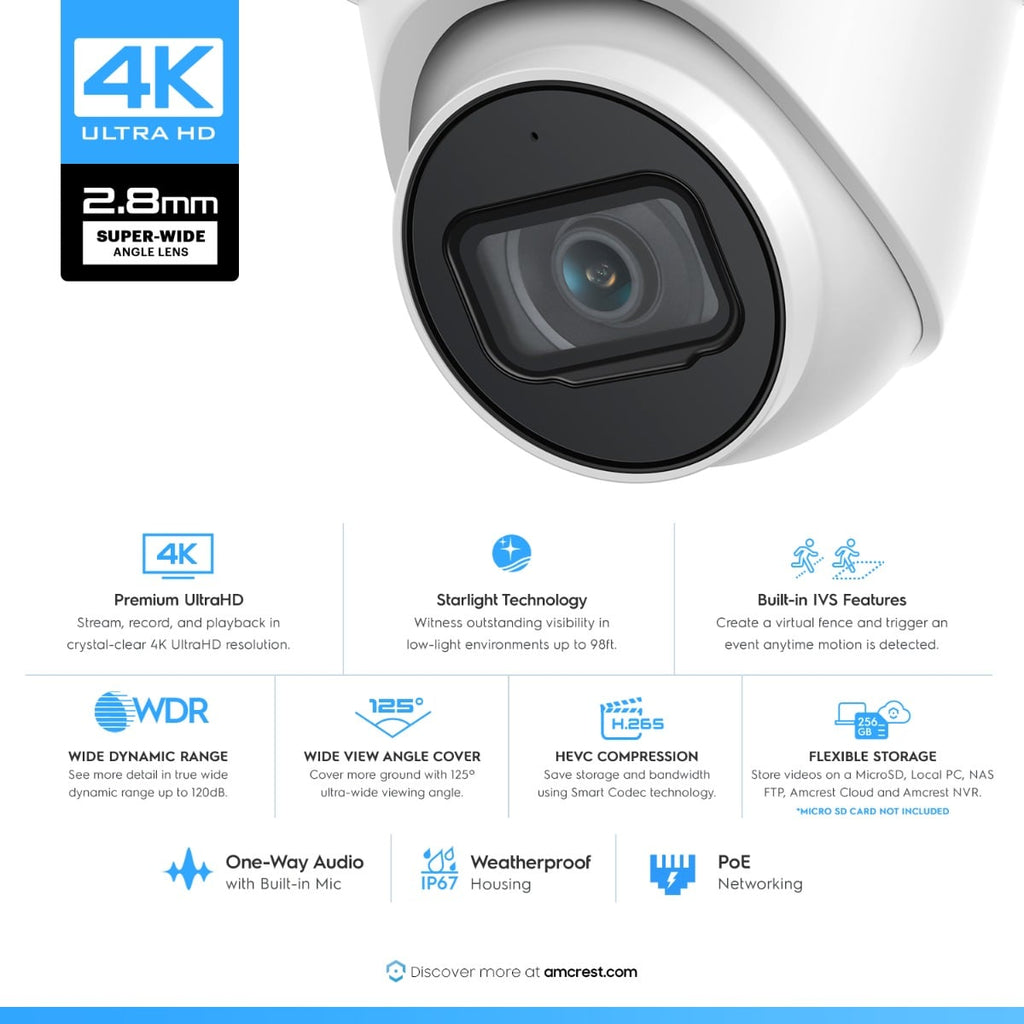 Amcrest Reburbished 4K Outdoor Security IP Turret PoE Camera IP67 REP-IP8M-T2599EW