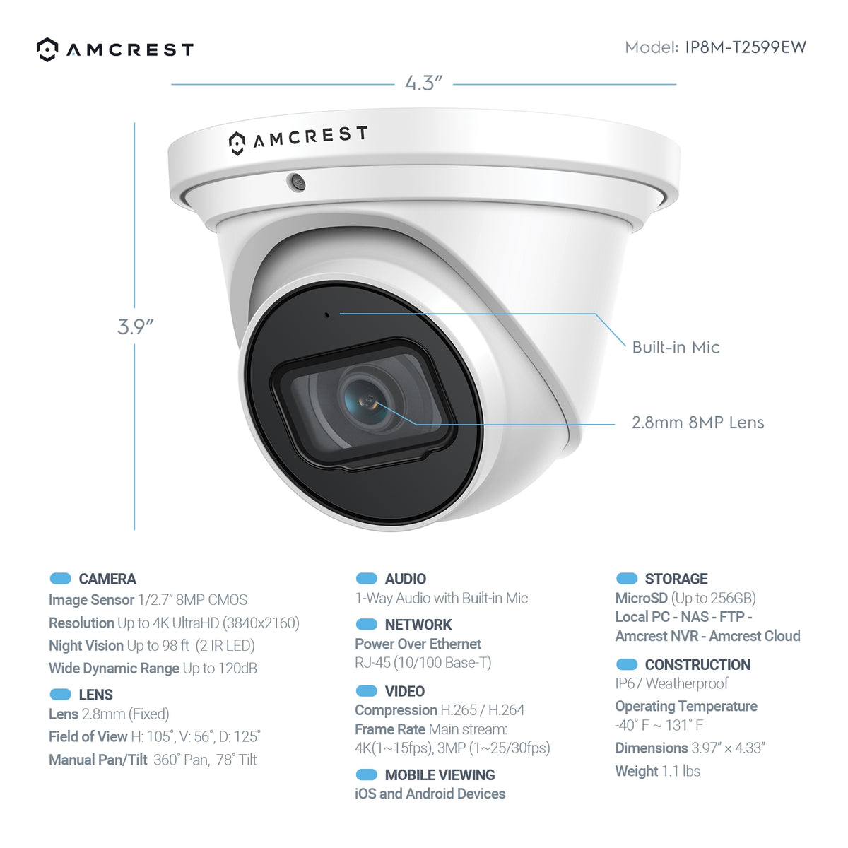 Amcrest 4K Security System 8CH PoE NVR 4 x 4K Turret POE Cameras 2TB