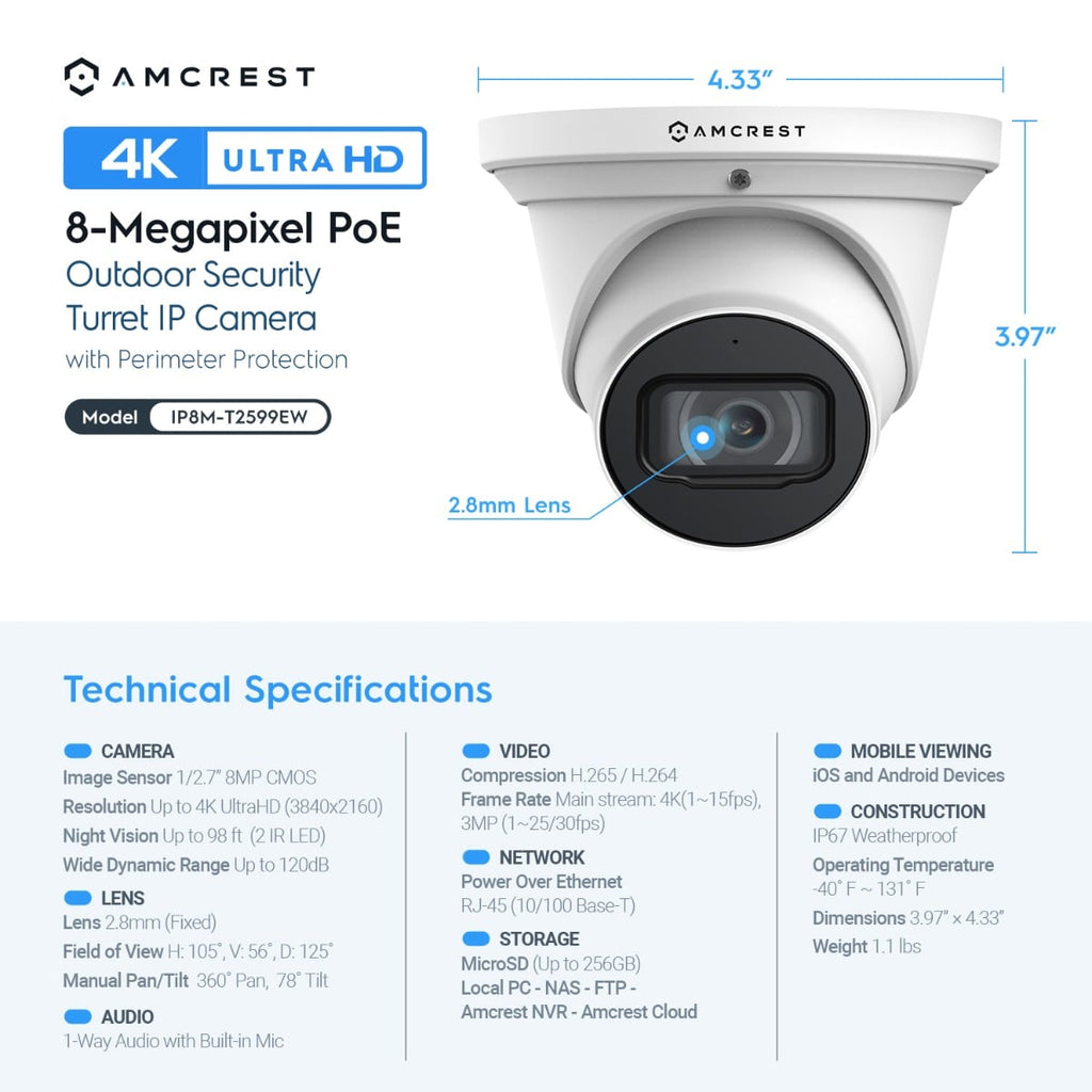 Amcrest Reburbished 4K Outdoor Security IP Turret PoE Camera IP67 REP-IP8M-T2599EW