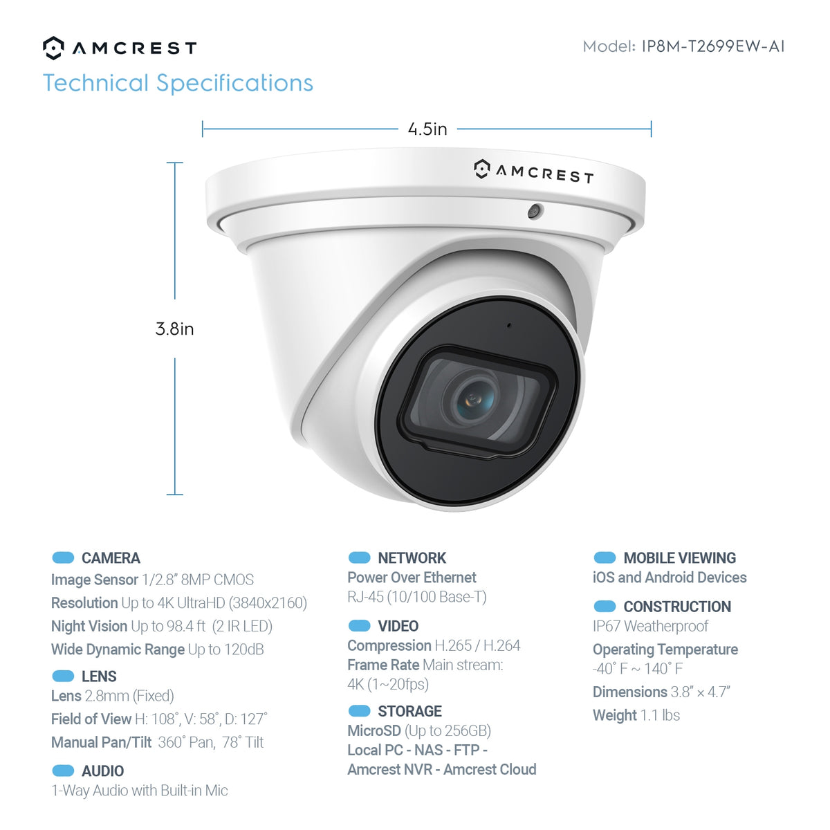 Amcrest 4K System 8CH PoE NVR 4x 4K Turret POE Cameras 2TB HDD