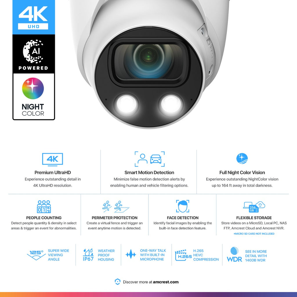 Amcrest UltraHD 4K (8MP) IP POE AI Camera, 4K @30fps, 164ft Night Color Vision, F1.0, Security Outdoor Turret Camera, Face, Vehicle & Human Detection, Built in Microphone, IP8M-T2883EW-AI