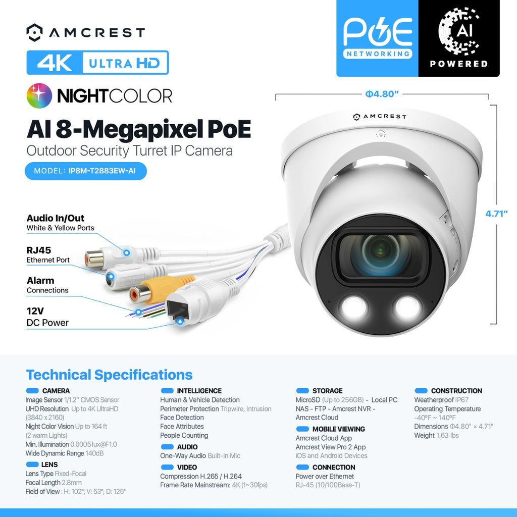 Amcrest UltraHD 4K (8MP) IP POE AI Camera, 4K @30fps, 164ft Night Color Vision, F1.0, Security Outdoor Turret Camera, Face, Vehicle & Human Detection, Built in Microphone, IP8M-T2883EW-AI