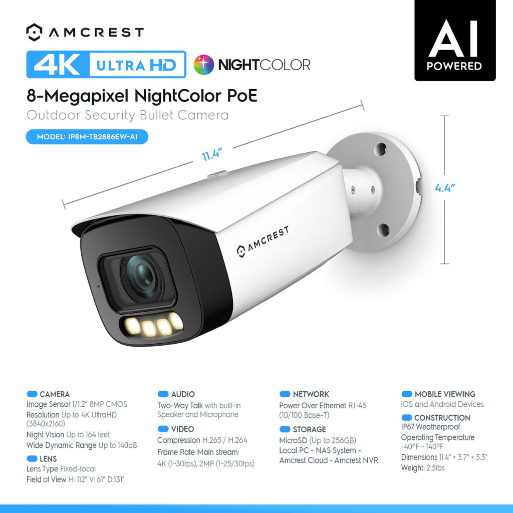 Amcrest Night Color AI Bullet IP PoE Camera w/ 164ft Full Color Nightvision, Security IP Camera Outdoor, Built-in Microphone, Face Detection, Human & Vehicle Detection, 4K@30fps IP8M-TB2886EW-AI