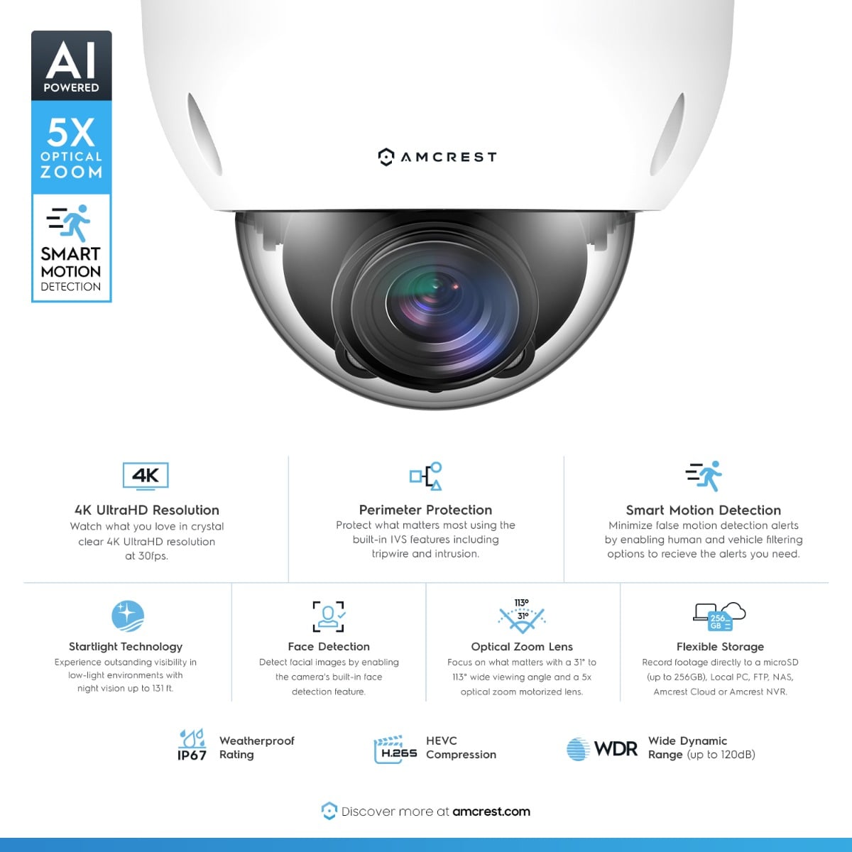 Amcrest 4K Optical Zoom AI POE Camera, Varifocal 8MP Outdoor POE IP Camera Dome, Face/Human/Vehicle Detection, 2.7mm~13.5mm Lens, IP67, 5X Optical Zoom, (IP8M-VD2893EW-AI)