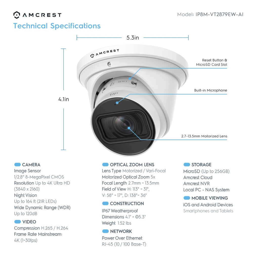 Amcrest 4K Turret AI IP PoE Camera 5x Optical Zoom IP8M-VT2879EW-AI