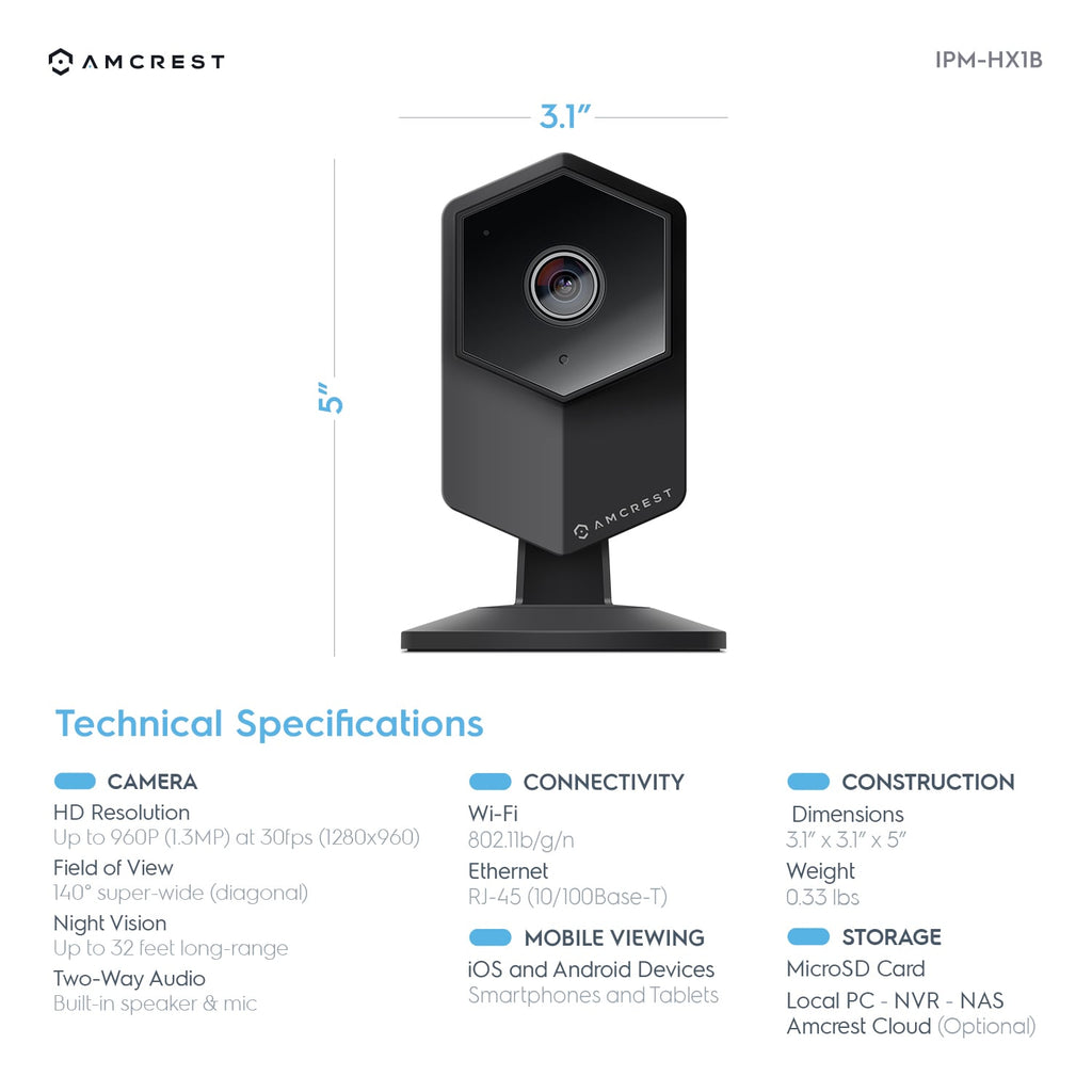 Amcrest ProHD Shield Wireless IP Security Camera, 960P 1.3 Megapixel (1280*960P) WiFi IP Camera, Two-Way Audio, Super Wide 140° Viewing Angle, MicroSD & Cloud Recording, Digital Zoom, Night Vision, IPM-HX1B (Black)