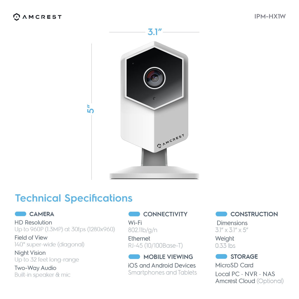 Amcrest ProHD Shield Wireless IP Security Camera, 960P 1.3 Megapixel(1280*960P) WiFi IP Camera, Two-Way Audio, 140° Viewing Angle, MicroSD & Cloud, Digital Zoom, Night Vision, IPM-HX1W (White)