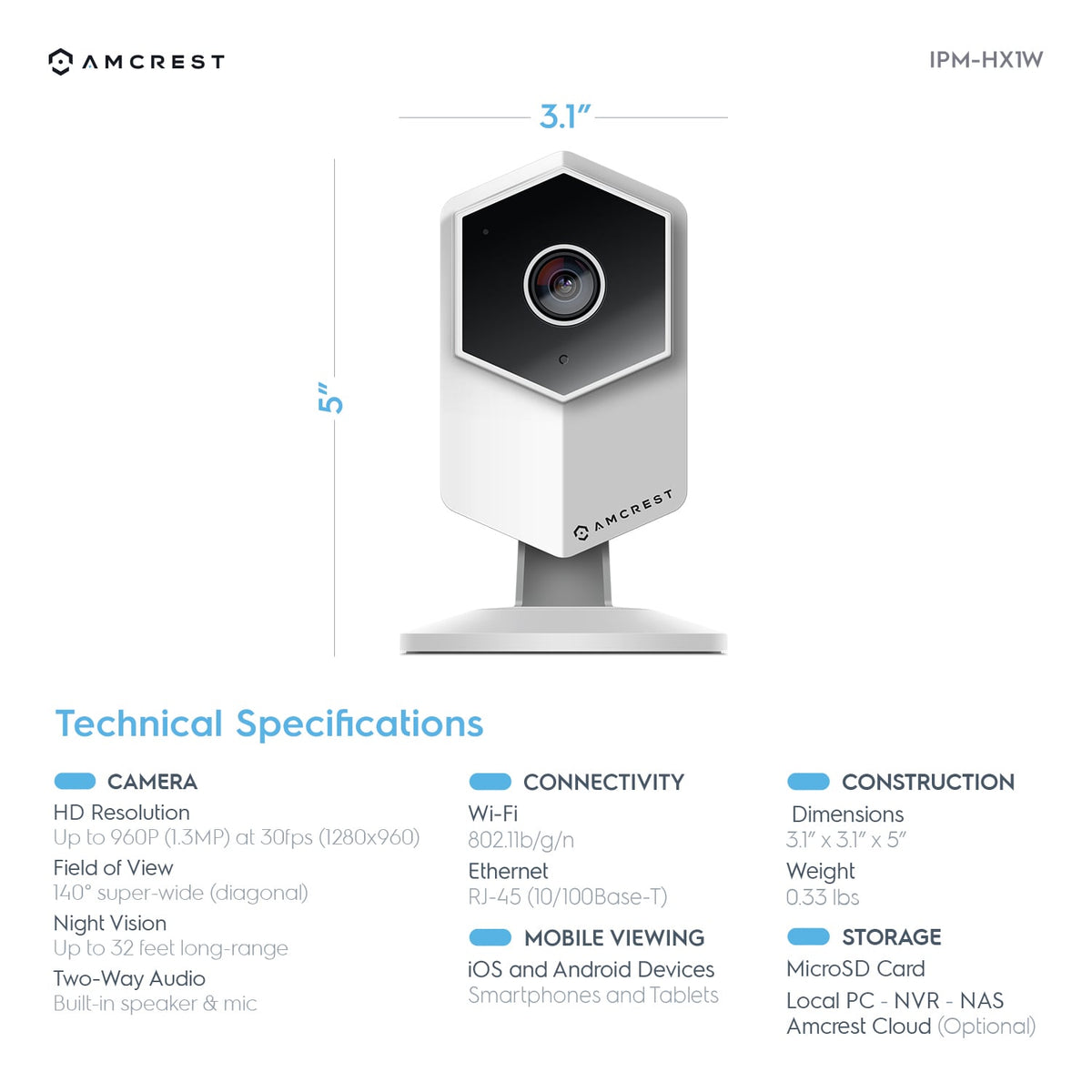 Amcrest ProHD Shield Wireless IP Security Camera, 960P 1.3 Megapixel(1280*960P) WiFi IP Camera, Two-Way Audio, 140° Viewing Angle, MicroSD & Cloud, Digital Zoom, Night Vision, IPM-HX1W (White)