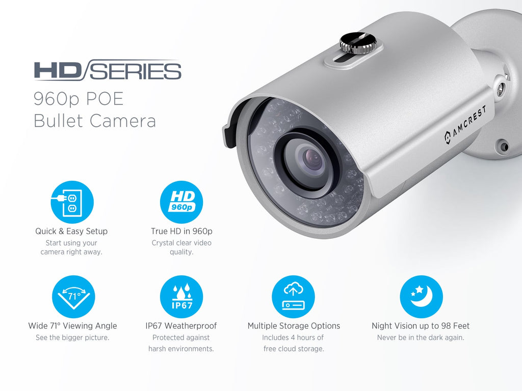 Amcrest HDSeries Outdoor 960P POE Security Bullet Camera - IP66 Weatherproof, 960P (1280 TVL), IPM-743E (Silver)