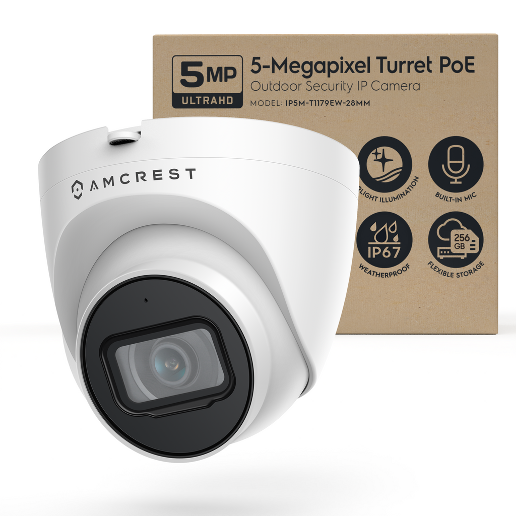 Amcrest ProHD Outdoor Security IP Turret PoE Camera, 5-Megapixel, 98ft NightVision, 2.8mm Lens, IP67 Weatherproof, MicroSD Recording (256GB), White (IP5M-T1179EW-AI-V3)