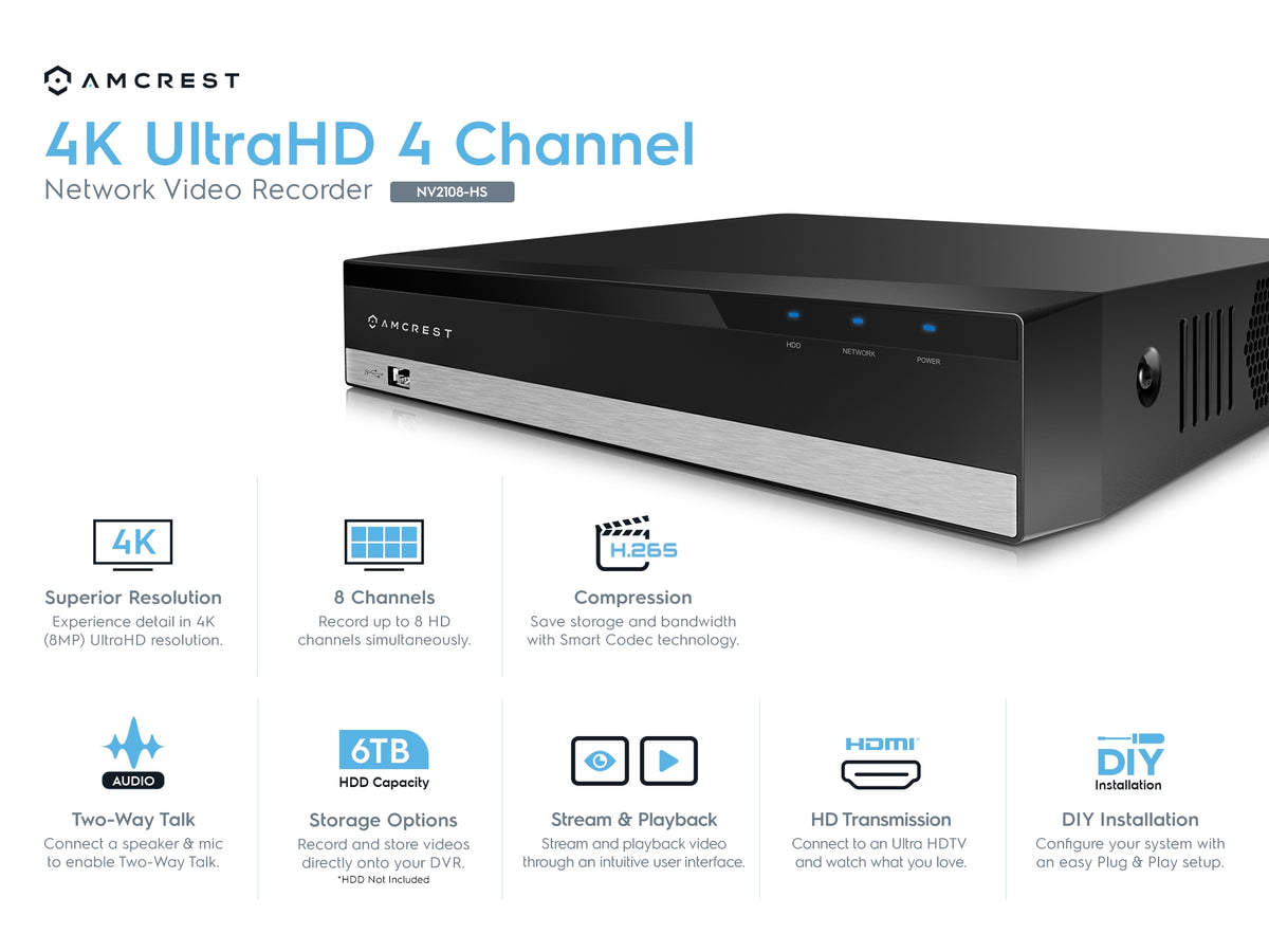 Amcrest NV2108-1TB 8CH NVR (1080P/3MP/4MP/5MP/6MP/4K) Network Video Recorder - Supports up to 8 X 4K IP cameras, Pre-Installed 1TB Hard Drive (Supports up to 6TB Hard Drive) (No Built-in WiFi)