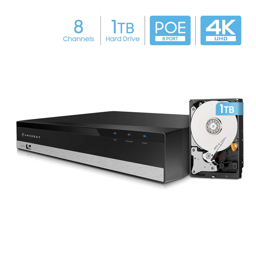 Amcrest UltraHD 3-Megapixel (2048x1536P) 8Ch Network POE Video Security System (NVR Kit) - Four 3MP POE Outdoor Bullet IP Cameras, 98ft Night Vision, Pre-Installed 1TB Hard Drive, (AMNV30M8-4B-B-1TB)