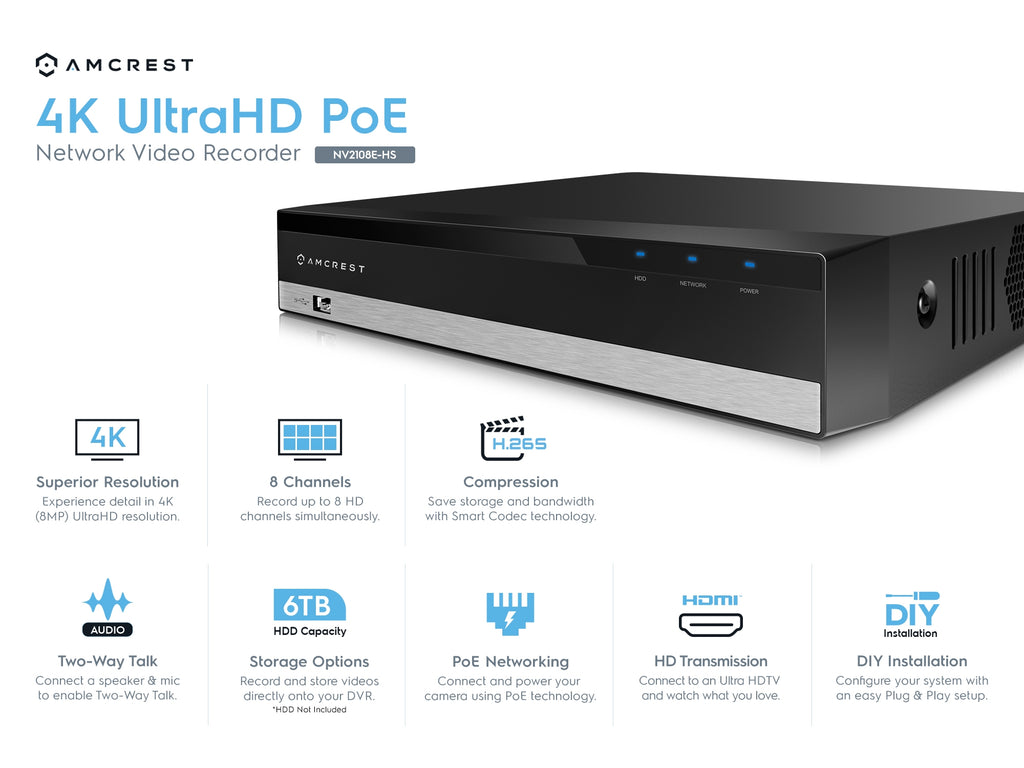 Amcrest UltraHD 3-Megapixel (2048x1536P) 8Ch Network POE Video Security System (NVR Kit) - Four 3MP POE Outdoor Bullet IP Cameras, 98ft Night Vision, Pre-Installed 1TB Hard Drive, (AMNV30M8-4B-B-1TB)